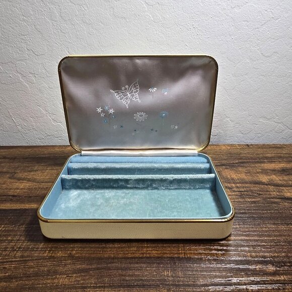 Farrington Other - Vintage MCM Farrington Travel Size Cream Floral Jewelry Box Blue Velvet Lining
